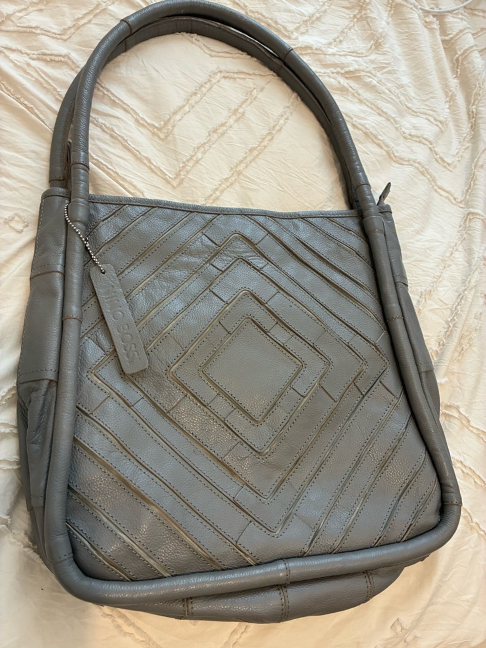 Nino Bossi Quilted Italian Gray Leather Shoulder Bag with Zipper
